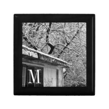 Black and White Photo of Rustic Snowy Winter Scene