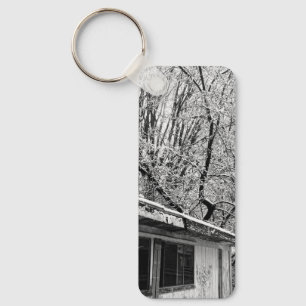 Black and White Photo of Rustic Snowy Winter Scene Keychain