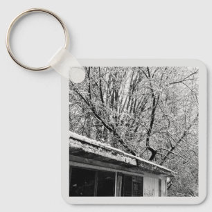 Black and White Photo of Rustic Snowy Winter Scene Keychain