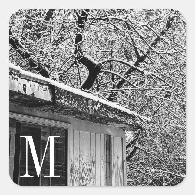 Black and White Photo of Rustic Snowy Winter Scene Square Sticker (Front)