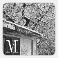 Black and White Photo of Rustic Snowy Winter Scene