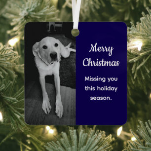 Black and White Photo of Sad Dog Missing You Blue Metal Ornament