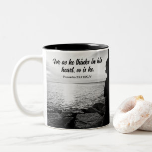 Black and White Photo of Sea and Man Bible Verse Two-Tone Coffee Mug