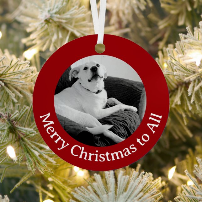 Black and White Photo of Talking Dog Christmas Red Metal Ornament (Insitu)
