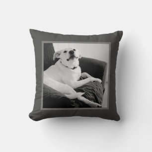 Black and White Photo of Talking Dog Grey Throw Pillow