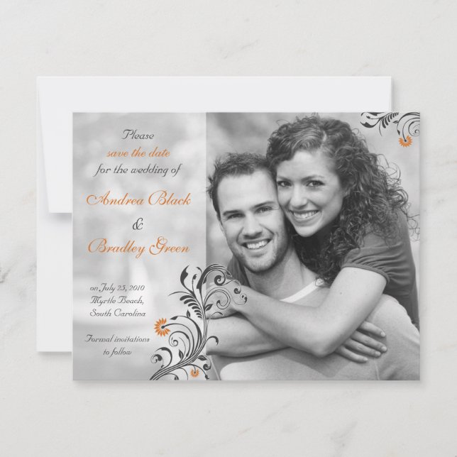 Black and White Photo Orange Trim Save the Date (Front)