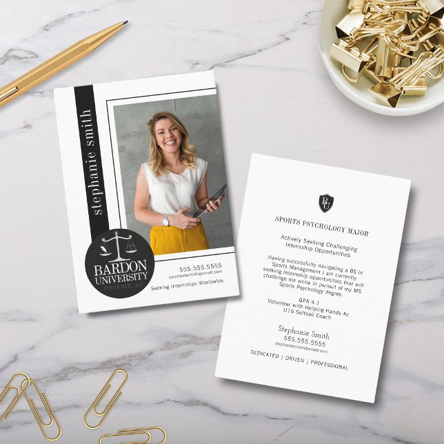 Black and White Photo Oversized Internship Business Card (Modern black and white college high school internship student profile cards for career advancement)