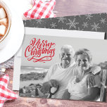 Black and White Photo Red Merry Christmas<br><div class="desc">Black and White Christmas photo card with handwritten text overlay. The template is set up for you to add your photo, which will be converted to black and white. You can also add your own custom greeting, sign off and name(s) to the back of the card. The design features the...</div>