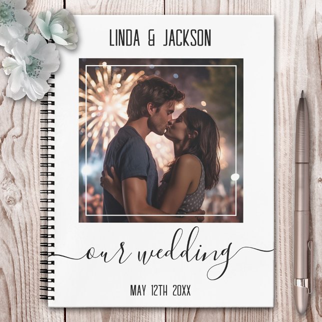 Black and White Photo Wedding Planning Notebook (Black and white notebook featuring your custom photo with an elegant white frame and script text)