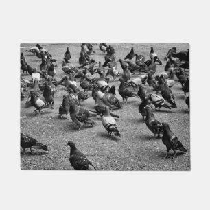 Black and white photography of many pigeons doormat