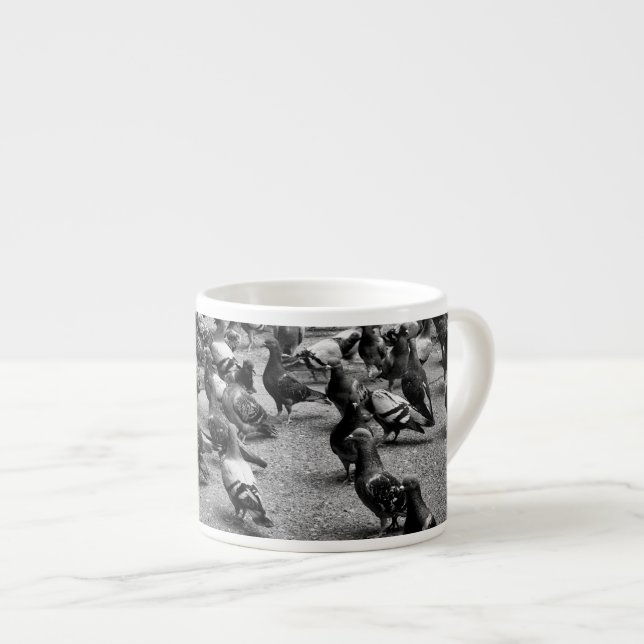 Black and white photography of many pigeons espresso cup (Front Right)