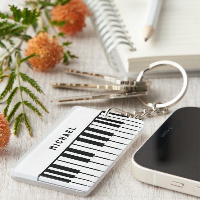 Black and White Piano Keyboard Monogram Keychain (Front Right)