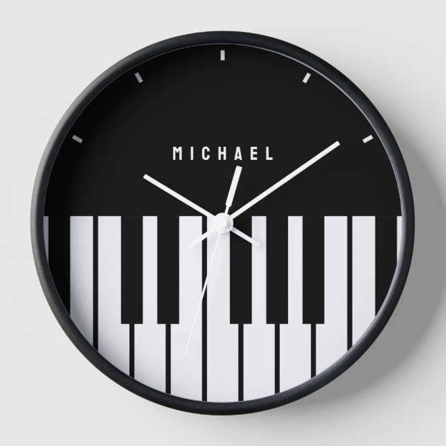 Black and White Piano Keyboard Monogram Name Clock (Front)