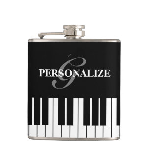 Black and white piano keys custom monogram drink hip flask