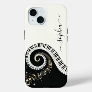 Black and White Piano Keys Music Notes Monogrammed iPhone 15 Case