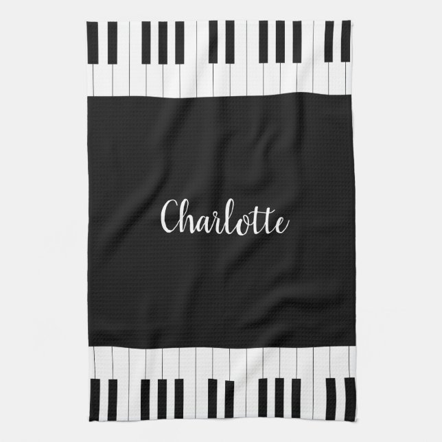 Black and White Piano Keys With Customazed Name Kitchen Towel (Vertical)