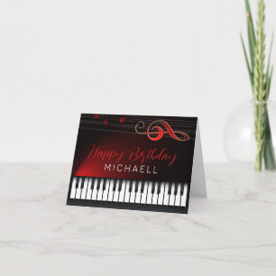 Black And White Piano Red Clef Birthday Card