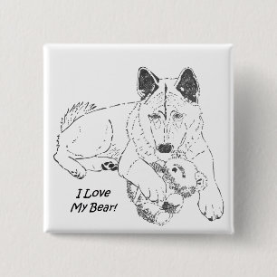 black and white picture of very cute akita dog 2 inch square button