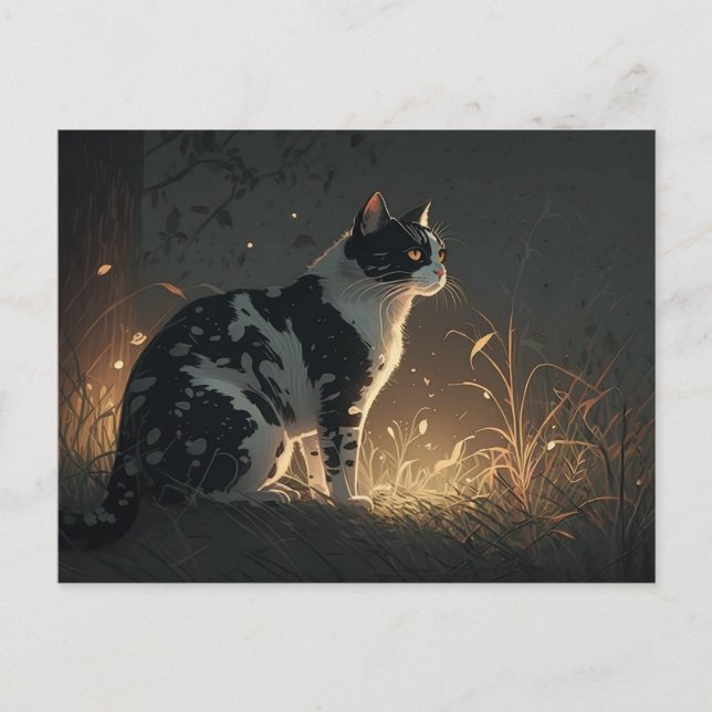 Black and White Piebald Cat in the Forest Postcard (Front)