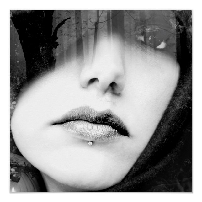Black And White Pierced Lip Woman Poster (Front)
