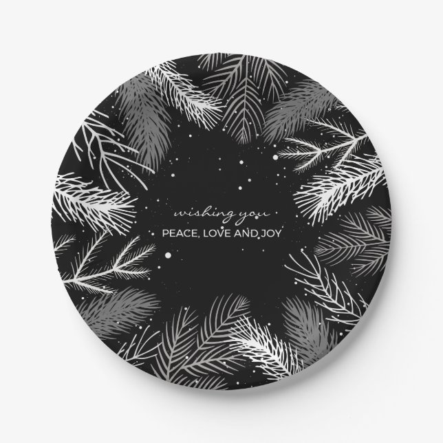 Black and white pine tree leaves with snow paper plate (Front)