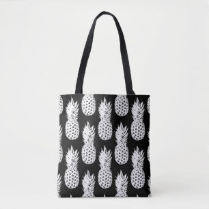 Black and white pineapple fruit pattern tote bags