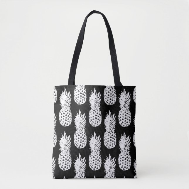 Black and white pineapple fruit pattern tote bags (Front)
