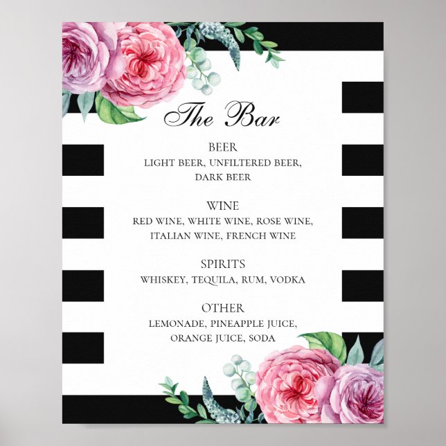 Black and white pink boho floral wedding drinks poster (Front)