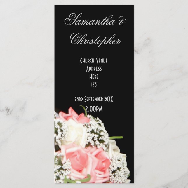 Black and white pink rose church wedding program (Front)