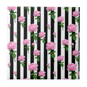 Black And White Pink Rose Flower Stripes Tile