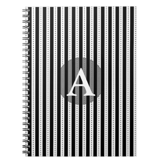 Black and White Pinstripes Personalized Monogram Notebook (Front)