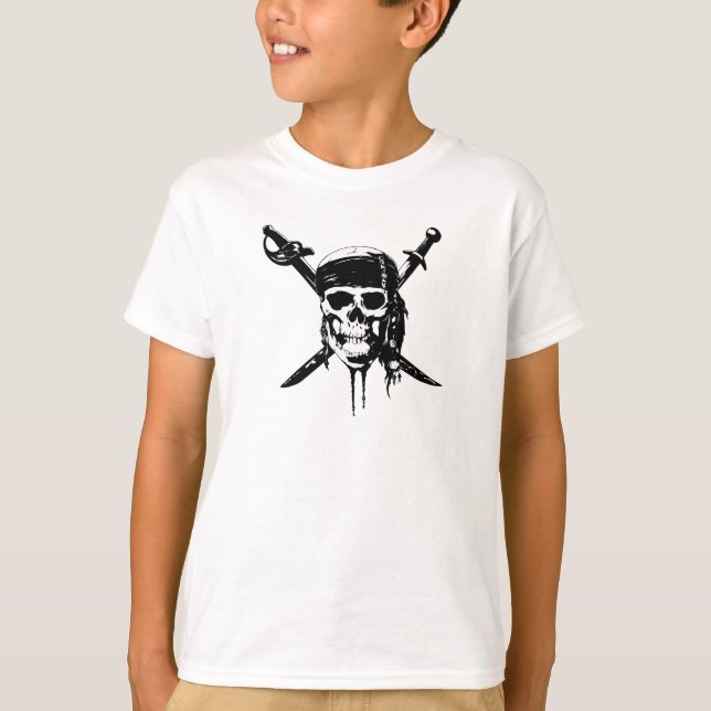Black and White Pirate Skull and Swords T-Shirt (Front)