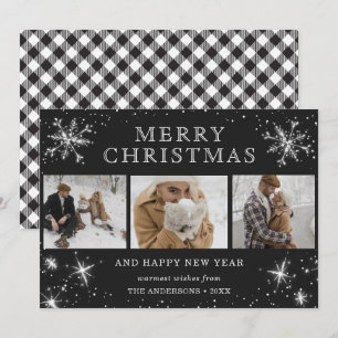 Black and White Plaid 3 Photo Holiday Cards
