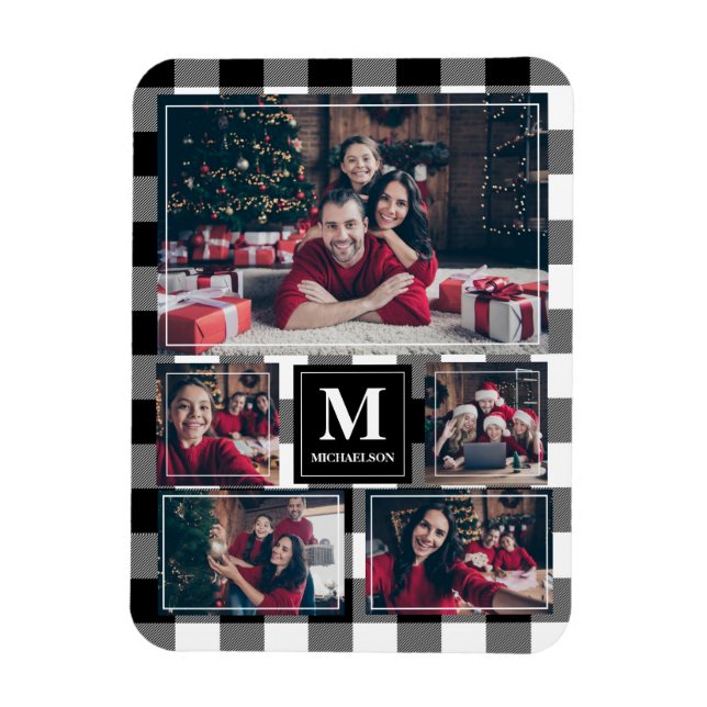 Black and White Plaid 5 Photo with Monogram Magnet (Vertical)