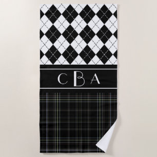 Black and White Plaid and Argyle Monogrammed Beach Towel