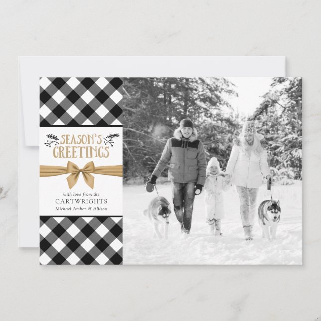 Black and White Plaid Buffalo Check Brown Kraft Holiday Card (Front)