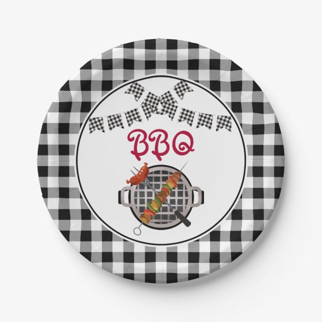 Black and White Plaid Bunting Banner BBQ Party Paper Plate (Front)