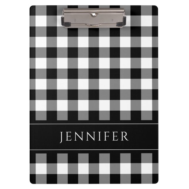 Black And White Plaid Checks Name Clipboard (Front)