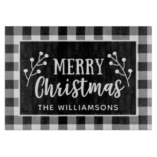 Black and White Plaid Merry Christmas Cutting Board
