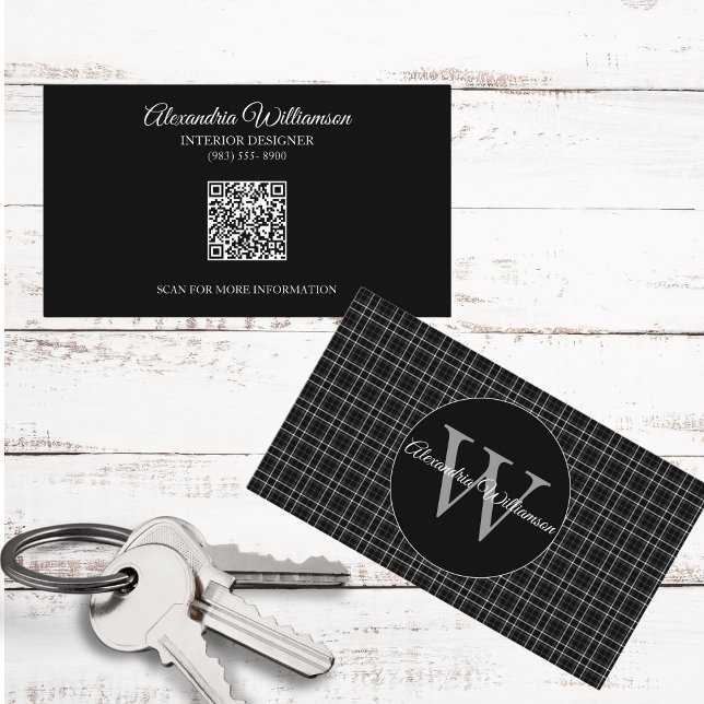 Black and White Plaid Monogram  Business Card (Creator Uploaded)