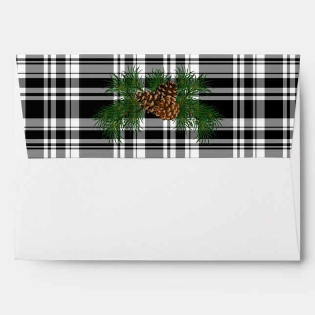 Black and white plaid  pine cone - happy holidays envelope (Back (Top Flap))