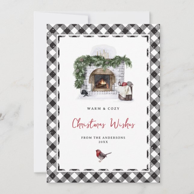 Black and White Plaid Robin Christmas Wishes Holiday Card (Front)