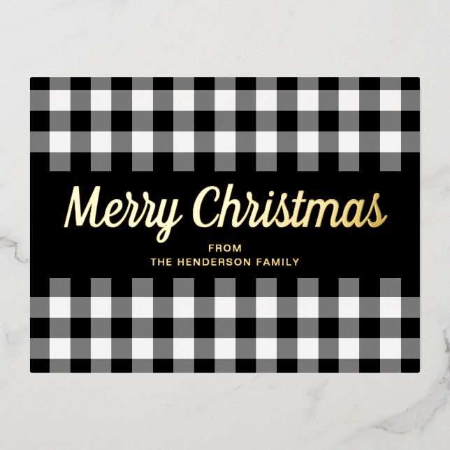 Black And White Plaid Script Christmas Gold Foil Holiday Postcard (Front)