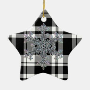 black and white plaid snow flake ceramic ornament