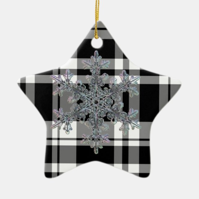 black and white plaid snow flake ceramic ornament (Front)