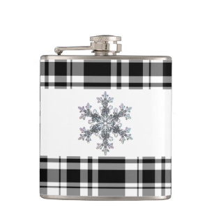 Black and white plaid - snow flake hip flask