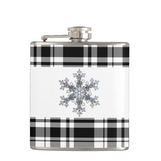 Black and white plaid - snow flake hip flask (Front)