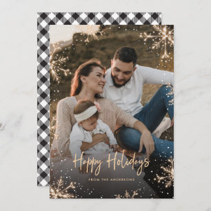 Black and White Plaid Sparkly Snowflake Snow Photo Holiday Card