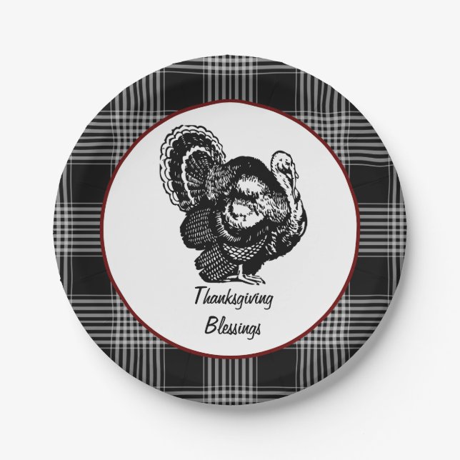 Black and White Plaid Thanksgiving Blessings Turke Paper Plate (Front)