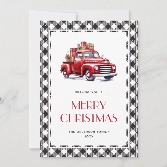 Black and White Plaid Truck Merry Christmas Card (Front)